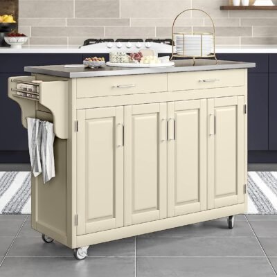 Create-a-Cart White 4 Door Cabinet Kitchen Cart with Stainless Steel Top